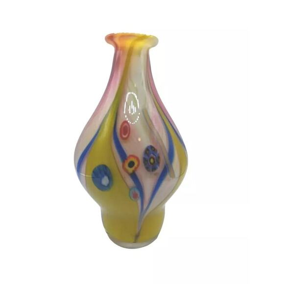 Vintage Murano Hand Blown Yellow Glass Vase Large Millefiori Art Glass - Picture 2 of 13